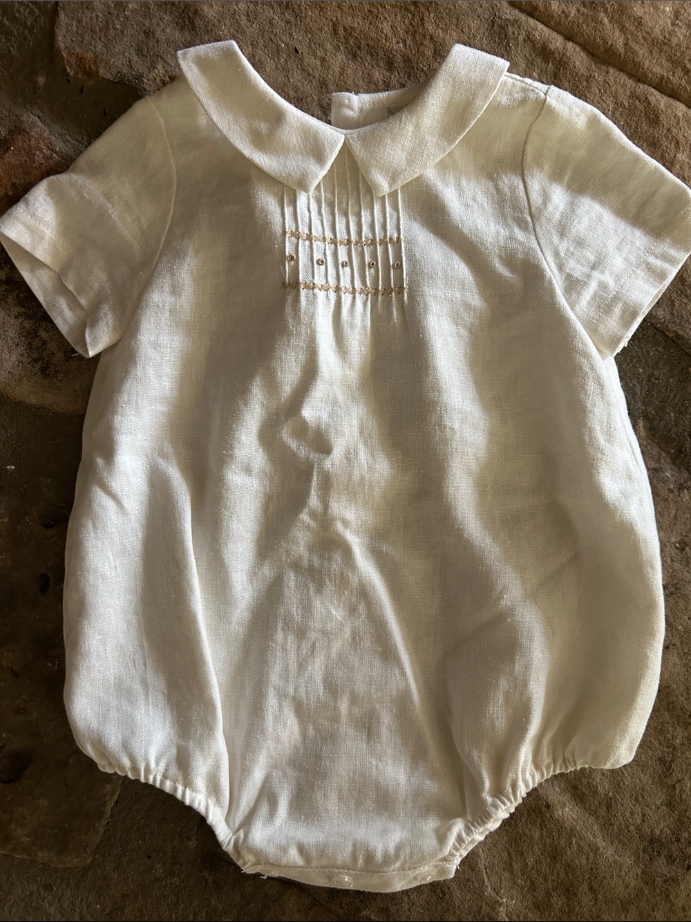 Classic ivory Baby Bubble Romper with Peter Pan Collar 9 month linen